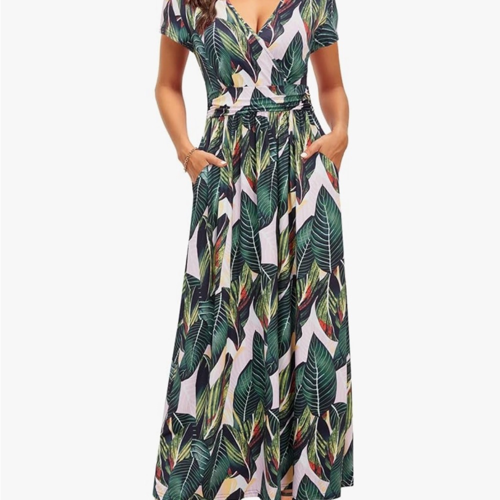 Amazon Leaf Pattern Maxi Dress with Flutter Sleeves
